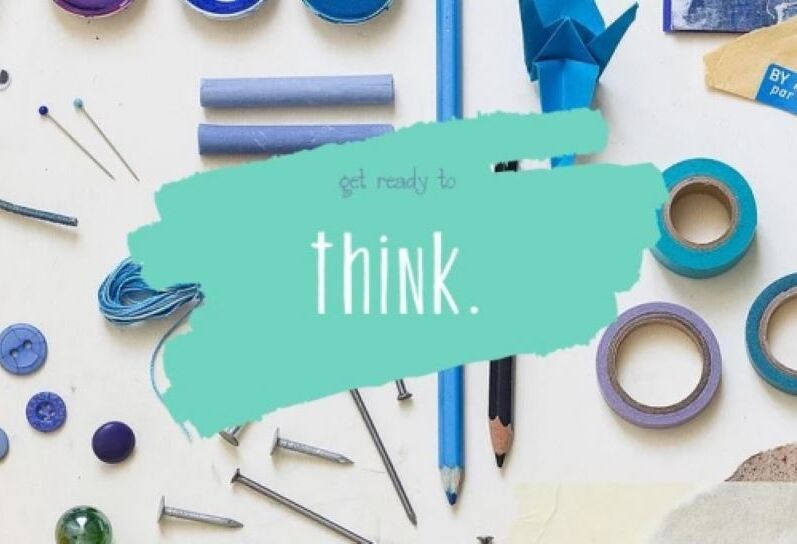 "Get Ready to Think" with supplies in the background
